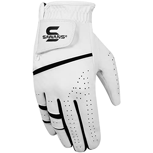 SAWANS Golfhandschuh Herren, langlebig, Premium-Leder, für Linke und rechte Hand, Allwetter-Griff, Golfhandschuhe, rutschfest, flexibel, Golfen (Weiß, XL, Rechts)