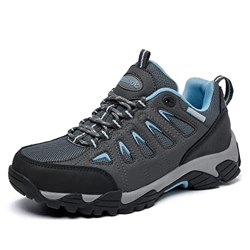 SHULOOK Wanderschuhe Damen Wasserdicht Leicht Trekkingschuhe Damen rutschfeste Stiefeletten Bergschuhe Outdoor Schuhe Damen Sneaker für Camping,Hiking,Angeln ((Grau Blau EU 42)