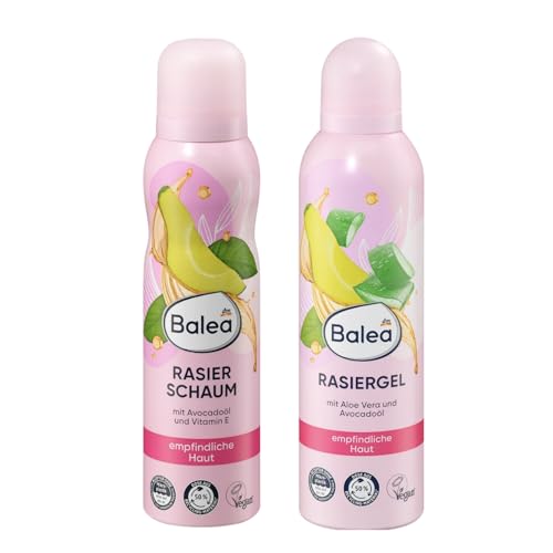 Balea 2er-Set: Rasiergel Aloe Vera & Avocadoöl, 200 ml + Rasierschaum Avocadoöl & Vitamin E, 150 ml + Bonus : Silikonschwamm für glatte, gepflegte Haut
