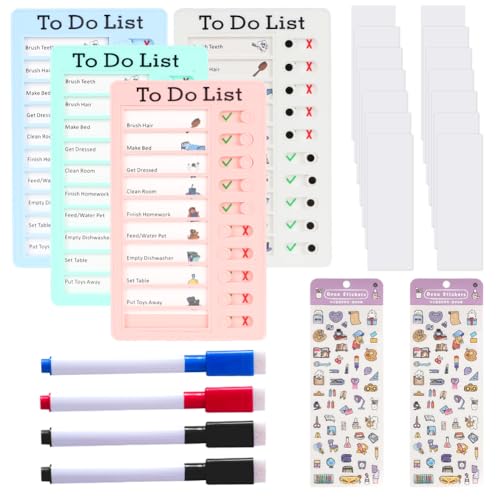 LOMUG Checklist Boards, 4Pcs To Do Planer, To Do Liste Kinder, Tagesplaner Kinder Routine, Checkliste Board mit 12 Blanko Papier+4 Whiteboard-Marker+2 Aufkleber für Zuhause Reisen Zeitplan Lernplanung