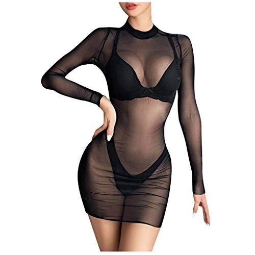 Geilisungren Netz Dessous Sexy Body Partykleider Kurz Damen Sexy Mesh Kleid Damen Langarm Transparent Kleidung Durchsichtig Sexy Reizwäsche Negligee Clubwear Frauen Sexy Unterwäsche Offen Nachthemden