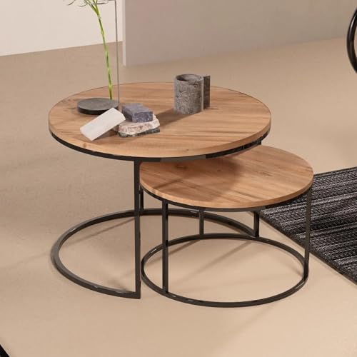 Tubibu Couchtischset Skagen Kaffeetisch im 2er Set Satztisch 2-TLG für Wohnzimmer Flur aus Metall und Spanplatte Wohnzimmertisch Beistelltisch Set Moderne Couchtische für Wohnzimmer (Holz-Optik)