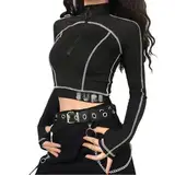 Y2k Sexy Koreanische Vintage Streetwear Dünne Langarm-T-Shirts Ästhetische Reißverschluss Enge Crop-Top-Kleidung,schwarz,M