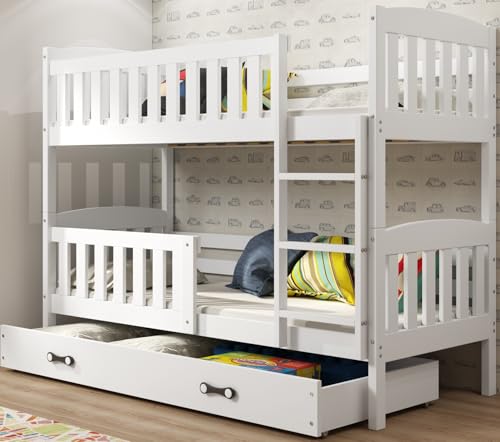 Interbeds Etagenbett Hochbett Stockbett Holzbett Kiefernholz Kinderbett Jugenbett mit Lattenrost und Rausfallschutz (weiß + weiß, 200x90)