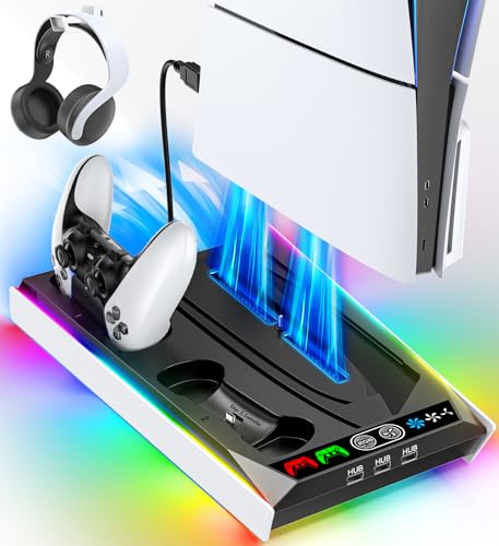 Tokluck PS5 Ständer mit PS5 Lüfter und RGB Licht für PS5 Slim Disc/PS5 Disc & Digital, PS5 Standfuß mit 3 stufige PS5 Kühler, PS5 Controller Ladestation mit 3 USB Anschlüsse für PS5 Zubehör