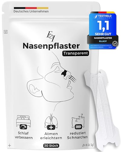 Ellicit® Nasenpflaster Transparent, 30er Pack Premium Nasenstrips, gegen Schnarchen, Extra Halt für bessere Schlafqualität, besser Atmen bei verstopfter Nase, Nasal Strips [für jede Nase]