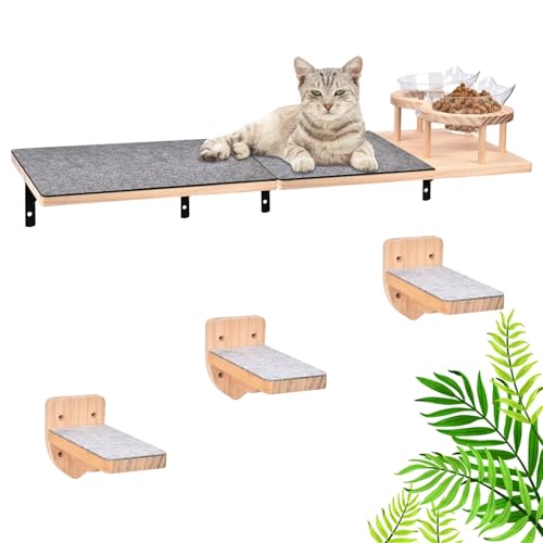 Wand montierte Katze Hängematte Katze Wandregale mit 2 Katze Nahrung Schalen und 3 Schritte, 2pc Katze Sitzstangen mit Filz bedeckt, Katze Möbel für Wand, hölzerne Katze kletternde Regal mit Katze füt