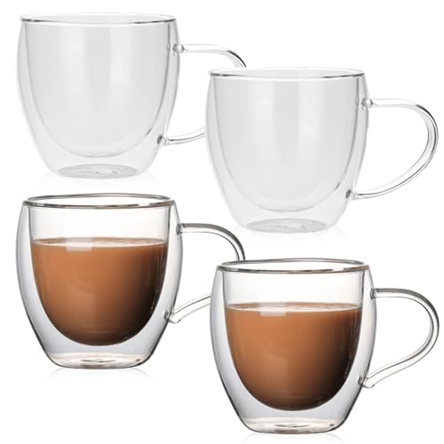 BAIFULAI 4er Latte Macchiato Gläser, 250 ml Kaffeegläser mit Henkel, Cappuccino Gläser, Doppelwandige Kaffeegläser, Espressotassen, Kaffeegläser Doppelwandig, für Cappuccino, Latte, Tee, Milch, Bier