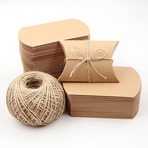 Quanerba 100 Stück Kraftpapier Geschenkkartons, 7x9cm Kleine Geschenkschachteln mit Juteschnur 60M, Kissen-Form-Hochzeits-Geschenkboxen, Kissenschachtel, Süßigkeiten-Box für Einladung Party Fest