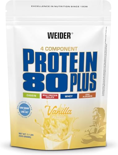 WEIDER Protein 80 Plus Mehrkomponenten Protein Pulver, Eiweißpulver für cremige, unverschämt leckere Eiweiß Shakes, Kombination aus Whey, Casein, Milchprotein-Isolat & Ei-Protein, Vanille, 500g