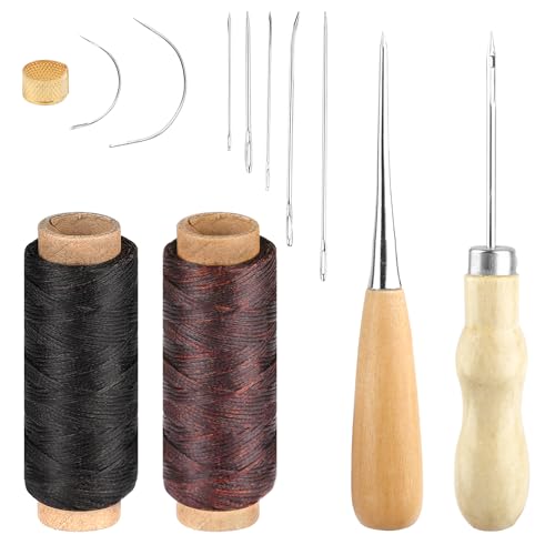 Ledergarn Ledernadel Set, Leder Nähset, 2 Rollen Reißfestes Garn mit Sattlernadel, 100m Leder Faden Wachsfaden mit Nähnadeln Nähahle, Leder Werkzeug für Lederhandwerk, DIY Sewing, Reparieren