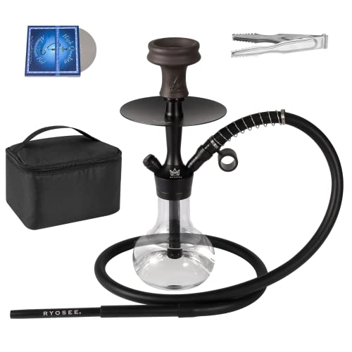 Ryosee 35cm Klein Mini Shisha to go mit Tragetasche und Premium Zubehör- Anschlüssen und Schläuchen, Steinkopf mit Silikon Kopfdichtung, Tauchrohr mit Diffusor (schwarz)