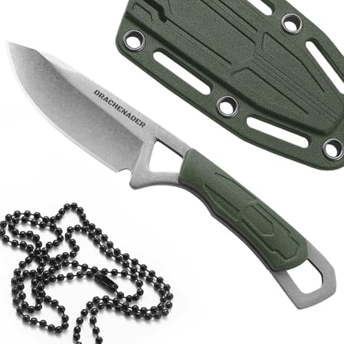 DRACHENADER mini Messer Neck Knife 42a konform 6,9cm Klingenlänge Zweihandmesser EDC Messer klein scharf Outdoor feststehendes Messer mit ABS-Scheide, weiße Klinge + grüner Griff