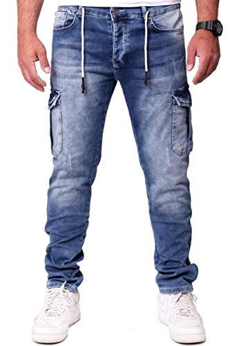 Reslad Cargohose Jeans Herren Cargo Hose - Sweathose in Jeansoptik mit Taschen l Stretch Denim Männer Jeanshose Slim Fit RS-2100 Blau W33 / L32