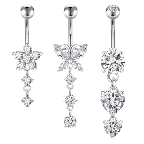 Lilbitty 3 Stück Bauchnabelpiercing 10mm Silber Bauchpiercing Chirurgenstahl Herz Schmetterling Blume Anhänger Piercing Bauchnabel Schmuck Damen