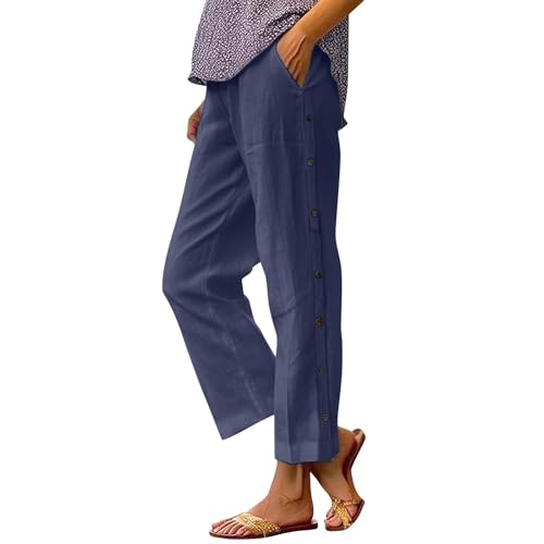 Damenmode, einfarbig, Baumwolle, elastisch, lange Hose, Strand, Freizeit, Schlafhose, Übergröße, navy, XXL
