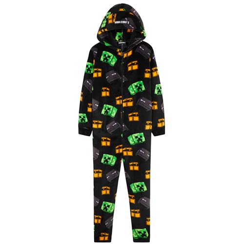 Minecraft Fleece Jumpsuit Kinder Jungen Schlafoverall mit Kapuze, Gamer Geschenke für Kinder Teenager (Schwarz/Mehrfarbig, 11-12 Jahre)