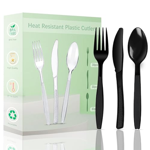 Plastikbesteck Set 90 Stück,30 Plastikgabeln,Messer und PlastikLöffel,Wiederverwendbar PlastikBesteck Schwarz und Robustem Bestecksets für Geburtstagsfeier Grillparty Hochzeit ect (Stil 2)