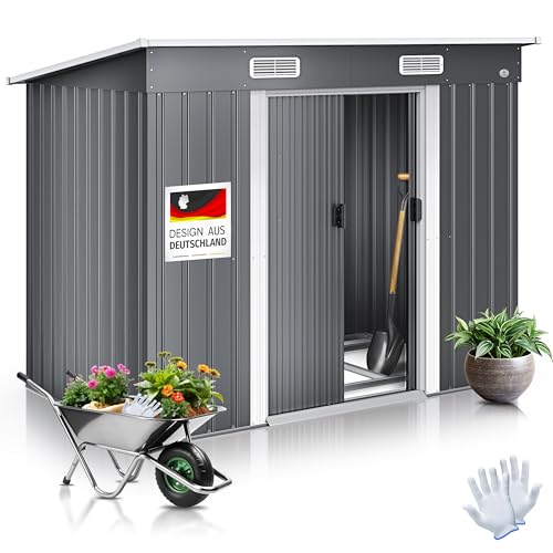 KESSER® - Gerätehaus L Metall 4 m³ mit Fundament | 210x132x186 cm | 2X Schiebetür & Fundament | Geräteschuppen | Gartenhaus Schrank | Pultdach Garten Schuppen, Ink. Arbeitshandschuhe Grau