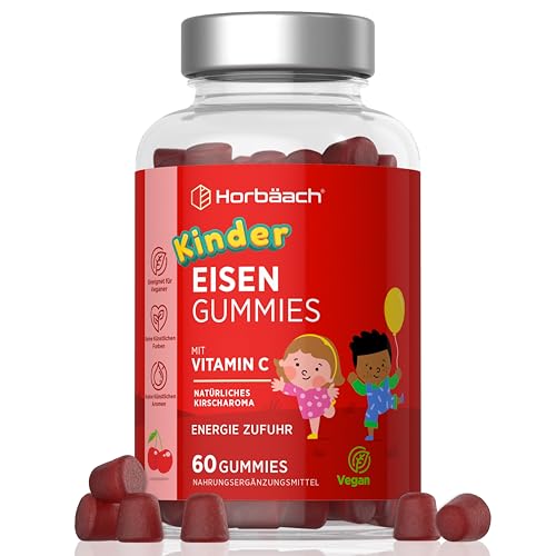 Eisen Vitamin C Gummibärchen Kinder | 7mg Iron | Eisenaufnahme mit 20mg Vitamin C erhöhen | 60 Vegane Gummies | Eisenaufnahme mit 20mg Vitamin C erhöhen | Iron Supplement for Kids | Horbaach