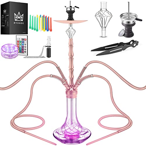 Ryosee 100cm 4 Schlauch Shisha Set mit LED Licht, 4 Anschlüssen Hookah-set aus Aluminiumrohr mit Molassefänger,Ausgestattet mit 4 Silikonschläuchen und Griff, shisha mit 4 schläuchen(Rosegold)