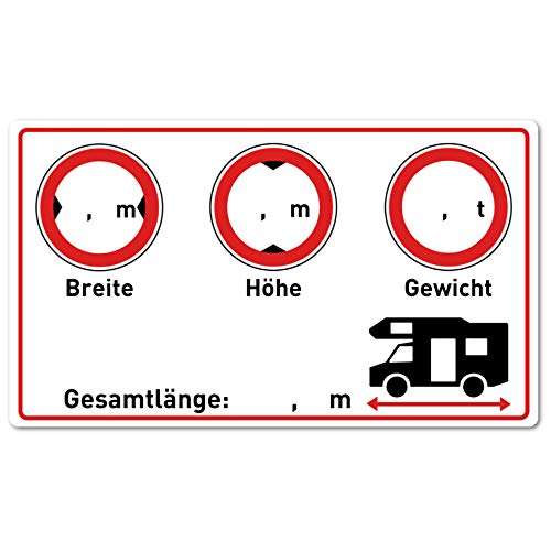 Wohnmobil Aufkleber (Gewicht - Höhe - Breite - Länge - 9,5x5,5 cm klein) - Cockpit Zubehör für Womo und Camper - Beschreibbare Folie in Weiss für Wohnmobile - Folien Selbstklebend