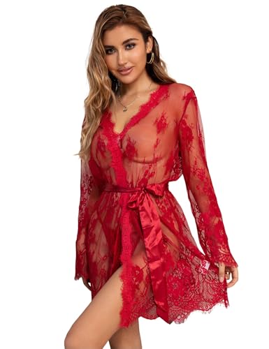 comeondear Kimono Damen Sexy Spitze Negligee Dessous Damen Sexy Unterwäsche Curvy Große Größen Babydoll Bademantel Kurz Robe Erotische Reizwäsche für Mollige Frauen Morgenmantel(Rot,5XL-6XL)