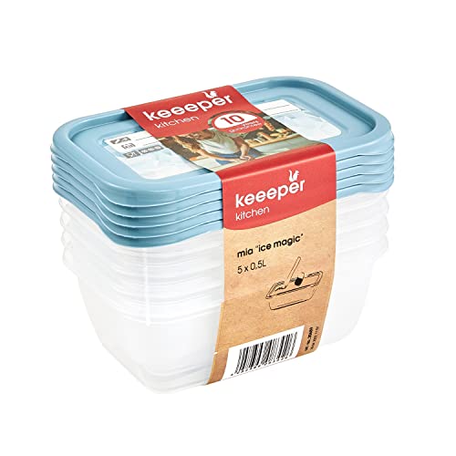 keeeper Tiefkühldosenset 5-teilig, Wiederbeschreibbarer Deckel, 5 x 500 ml, 15,5 x 10,5 x 6 cm, Mia Magic Ice, Nordic Blue