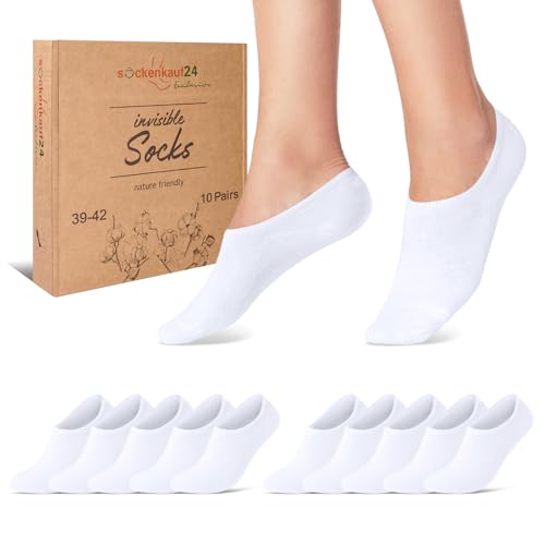 10 Paar Füßlinge Damen Sneaker Socken Herren Unsichtbar Atmungsaktiv Baumwolle mit Silikonpad 70106T (Weiß 39-42)