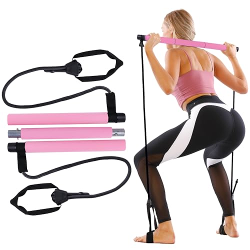 GLKEBY Pilates Stick Kit, mit einstellbarem Widerstand und tragbarem Pilates Übungsstock, geeignet zum Dehnen, Yoga, Shaping, Training, Sit-ups und Gewichtsverlust pink