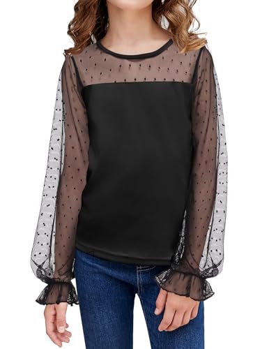 Arshiner Mädchen Tunika Chiffon Kinder Langarm Tshirt Laternen Ärmel Oberteile Rundhals Freizeit Elegant Herbst Winter Mode Shirt für Mädchen 9-10 Jahre Schwarz