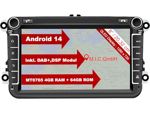 M.I.C. AV8V7-L2 Android 14 Autoradio mit navi: MediaTek MT6765V 4G+64G;8" IPS Display;4G SIM,Carplay,Android Auto,DAB+,Bluetooth 5,WiFi,GPS: Ersatz für VW Golf T5 Touran Passat RNS RCD,Skoda,SEAT