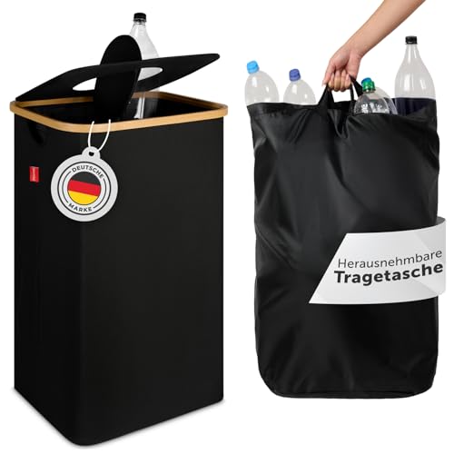 Blumtal Pfandflaschen Sammelbehälter 100L - Bambus Pfandflaschen Organizer mit Pfandflaschen Tasche - Pfandflaschen Behälter - Leergut Sammelbehälter mit Loch- Pfandflaschen Sammelbehälter Schwarz