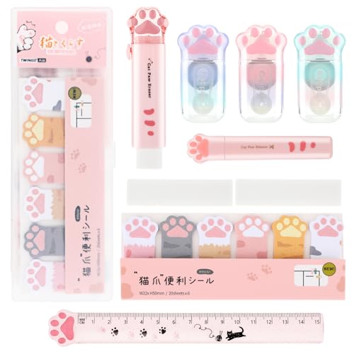 TIESOME Katzenpfoten-10 teiliges Schreibwaren Set mit niedlichen Katzenpfoten, Cartoon Katzen Briefpapier Set Kawaii Katzen Schulbedarf einziehbarer Radiergummi Ersatz Korrekturband(Rosa)