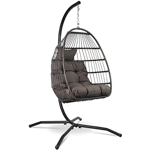 VITA5 Hängesessel mit Gestell - Bequemer Hängekorb Sessel - Rattan Hängesessel Outdoor und Indoor - Boho Egg Schaukel für Terrasse&Leseecke - 150kg Tragkraft - Dunkel Grau