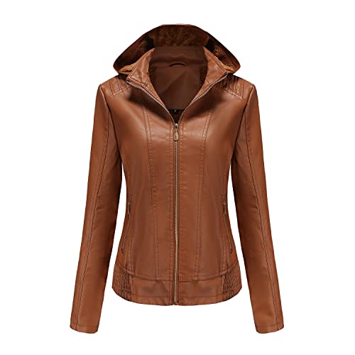 GITVIENAR Damen Lederjacke mit abnehmbarer Kapuze, Reißverschluss, Langarm, Tailliert, Gefütterte Ledermantel (Dunkelbraun,XXL)