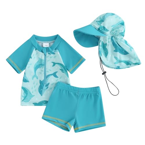 Baby-Badeanzug, für Jungen, 2-teilig, UV-Schutz, Langarm-T-Shirt + Badeshorts + Sonnenhut, Schwimmanzug, Himmelblau, Delfin, 3-4 Jahre