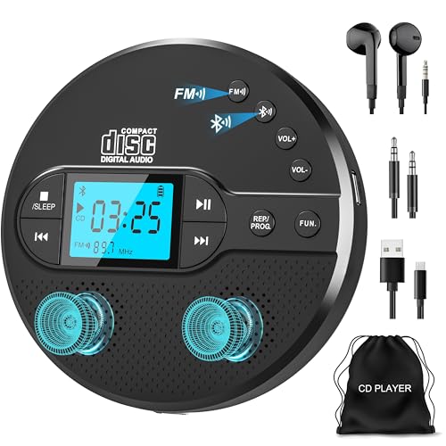 NEU 2025 Bluetooth CD Player Tragbar, Greadio Discman CD Player mit 2000mAh Wiederaufladbarer, Kompatibler FM-Transmitter, USB, AUX, Walkman CD Player mit Kopfhörer und Anti-Skip/Stoßfest