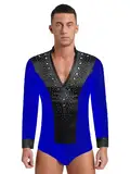 MSemis Herren Glitzernde Strasss Bodysuit Einteiler Latein Standard Hemdbody Langarm Tanz-Body Ballett Trikot Training Overall Dancewear Blau XL