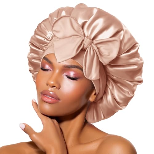 BONNET QUEEN Seidenhaube zum Schlafen Silk Bonnet Schlafhaube Seidenhaube Satin Hair Haarhaube Sleep Cap für locken Haare für Damen mit Verstellbare Bindeband, Champagner