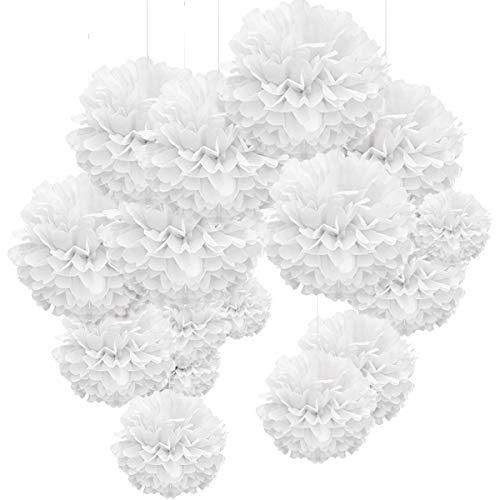 WEARXI Hochzeit Hochzeitsdeko Vintage Lampions, 24er Pompons Deko Weiß, Seidenpapier Pompoms, Party Deko, Taufe Konfirmation Deko, Kommunion Dekoration für Geburtstag, Valentinstag deko，Vintage deko