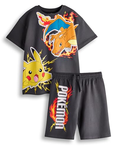 Pokemon Jungen T-Shirt & Shorts Set | Kinder Dunkelgrau Kurzarm Grafik T-Shirt & Bottoms Bekleidungspaket | Pikachu Glurak Pokeball Komplettes passendes Outfit | Spiel TV Serie Film Merchandise