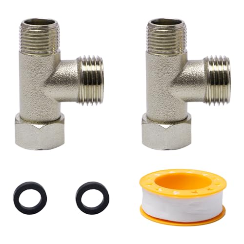 Sxutop 2 Stück 3 Wege Verbindungsventil, 3/8" 1/2" Adapter T Stück Verteiler für Eckventile 3-Wege Ventil Umschaltventil 3/8 Zoll Abzweigverteiler Umstellventil mit Unterlegscheibe und Dichtungsband