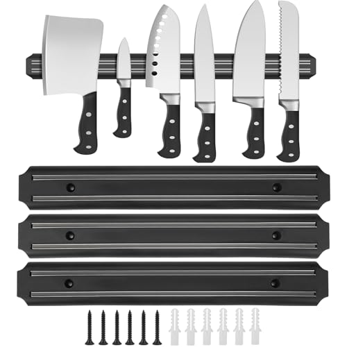 3 Stück Messerhalter Magnetisch, 33cm Magnetleiste Messer Halter, Edelstahl Magnet Messerhalter mit Schrauben, Universeller Wandmontage Magnet Messerhalter, für Küche Büro Werkzeuge, Schwar
