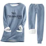 Frauen Herbst Winter Samt Casual Lange Ärmeln Sweatshirt Mit Brief Drucken Tasche Hosen Damen Hausanzug 2-Teilig Warm Fleece Im Haus Schlafanzughose Lang Pyjamahose Weich Freizeit Set (Blue, XL)