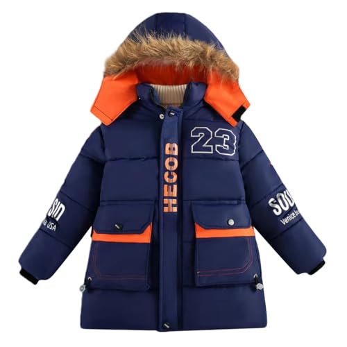 linboo Warme Winterjacke Jungen Parka Fleece Mäntel mit Fellkapuze Kinder Wintermantel Baumwolle Jacke Gefütterte Winddichtes Winterparka, Marineblau, 116-122(Herstellergröße: 130)