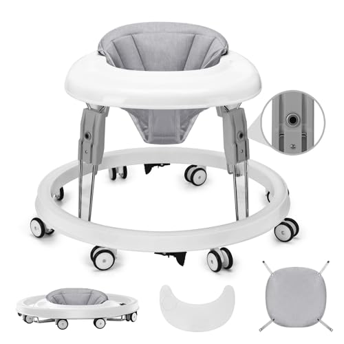 Baby Lauflernhilfe, Anti-Collision Design One-Touch Folding Baby Walker, Anti-Roll 8-Rad-Rundfahrwerk, 7-Gang höhenverstellbar, mit großem Essteller und Bremse für Baby von 6-18M (Grau)