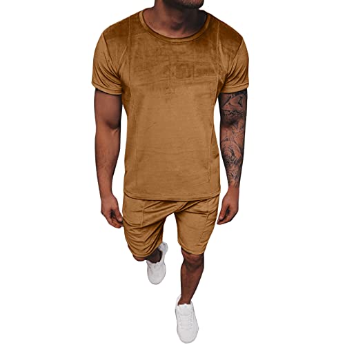 Herren Sommer Outfit Strand Kurzarm Festes Hemd Kurzer Hemdhose 2 Stück mit Taschen Kleiderbeutel Reise Hemden Shorts Strand Hosenanzug Kleidersack Schwarz Shorts Herren Baumwolle (Khaki, XXL)