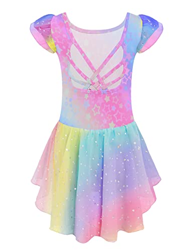 Arshiner Mädchen Ballett Tutu Ballettkleid Kinder Ballettkleidung Baumwolle Ballettanzug Regenbogen Tanzbody mit Chiffon Rock Tütü 150/7-8 Jahre