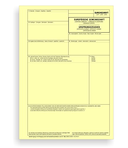 100 x Durchschrift zum Ursprungszeugnis 1-teilig, Einzelblatt/gelbe Kopie für Laser- und Inkjetdrucker (DIN A4)